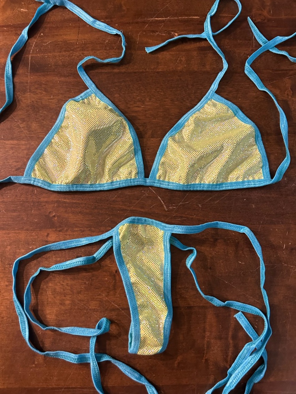 NWOT Handmade Yellow Shimmer Ice & Baby Blue Piping Tri-Top Thong Bottom Bikini